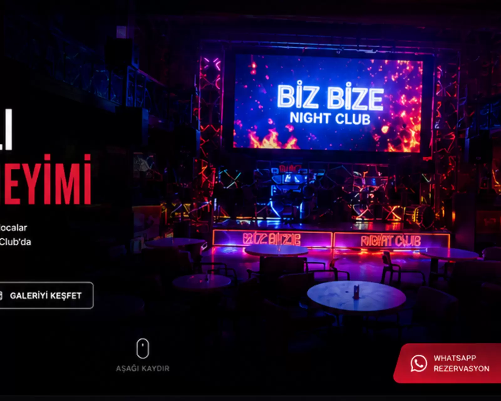 Biz Bize Night Club neon sahne ve VIP oturma alanı